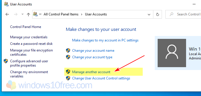 User Accounts Select Manage Another Account