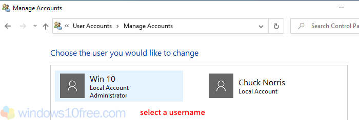 Manage Accounts Select Username